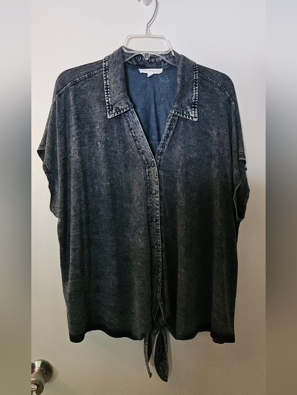 Jane and Delancey Washed Denim Colored Tie-Hem Button Front Blouse